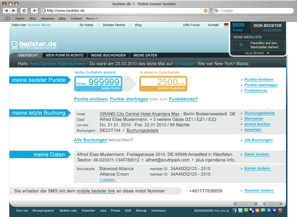 MyBedster account with Amazon points and booking history