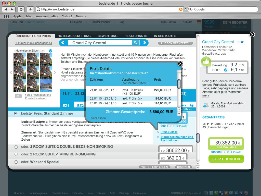 bedster.de hotel detail page with price breakdown