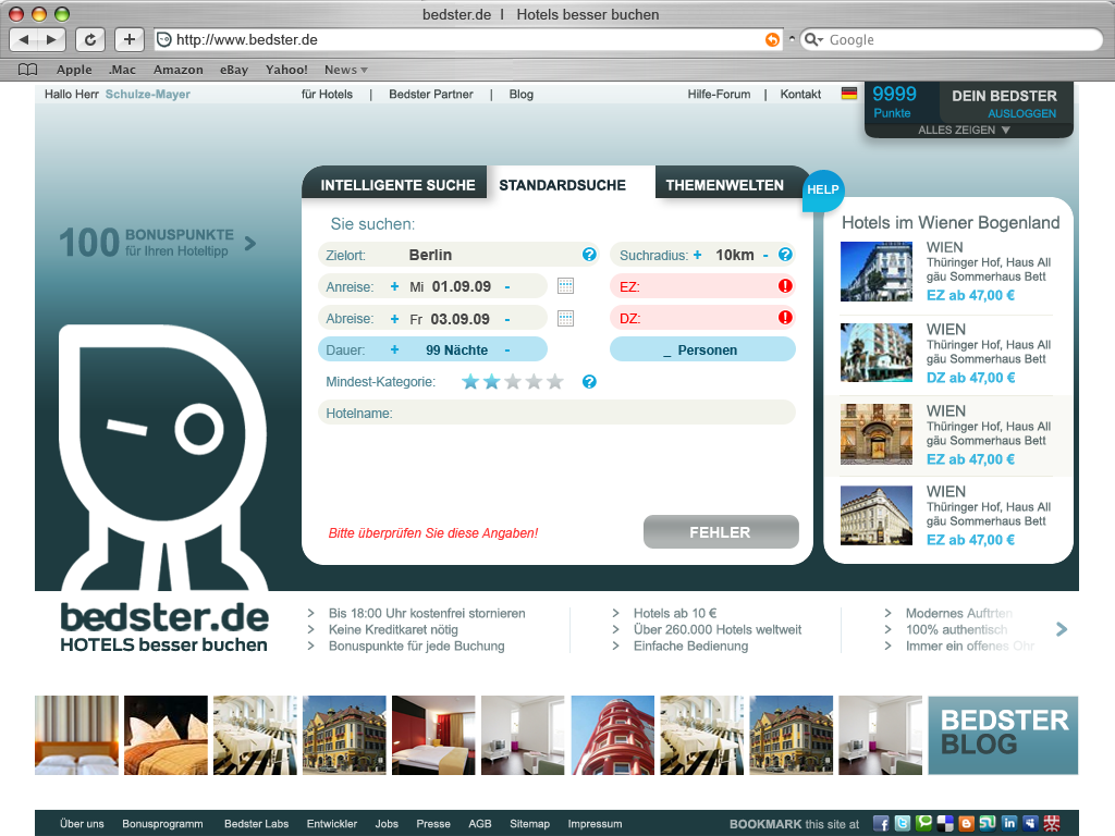 bedster.de homepage with intelligent search