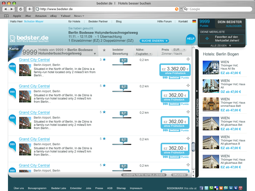 bedster.de hotel search results with filters and amenity tags