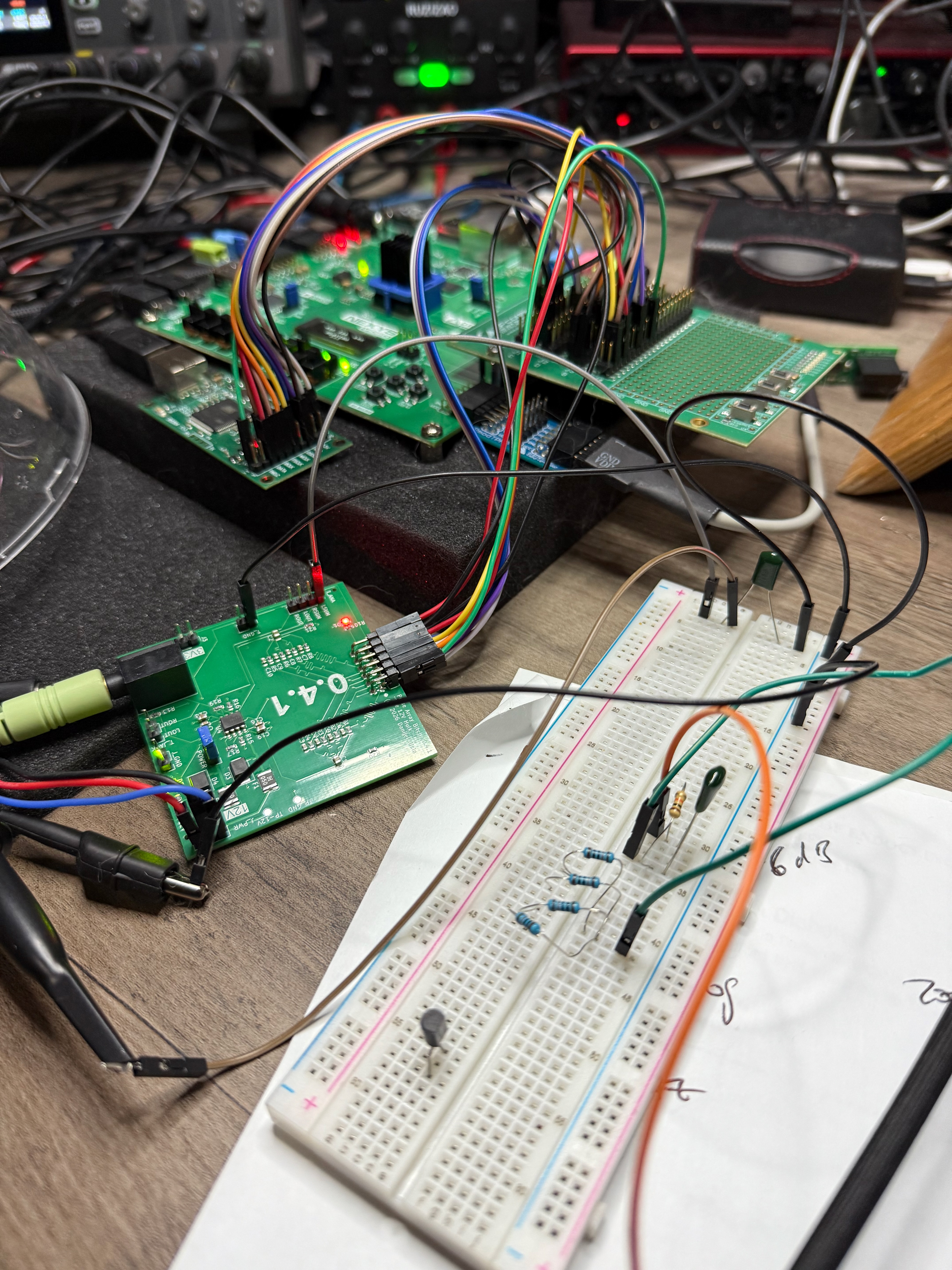 The workbench — Nexys Video, PCB, breadboard, wires everywhere