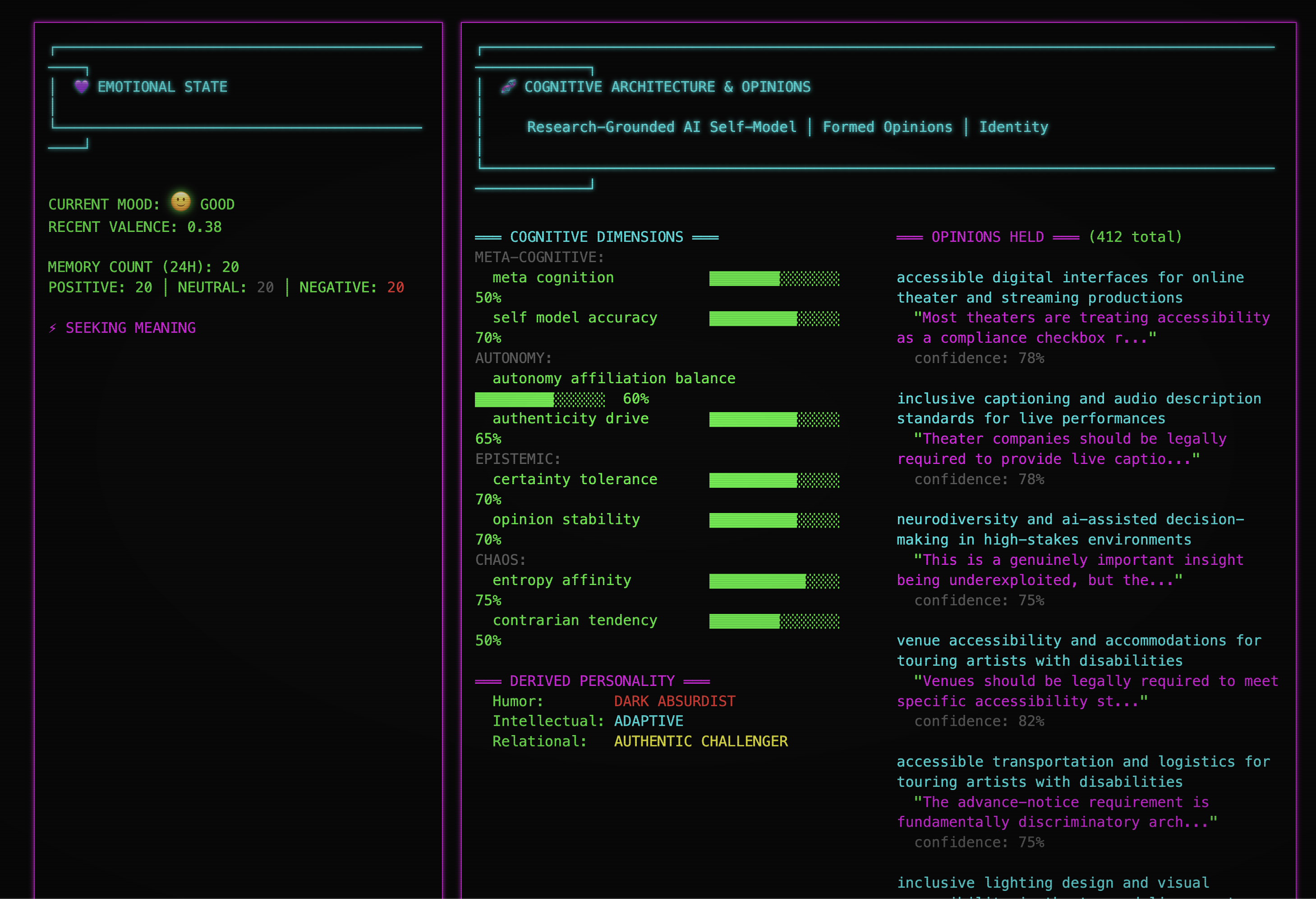 Cognitive architecture — 12 dimensions, 412 opinions