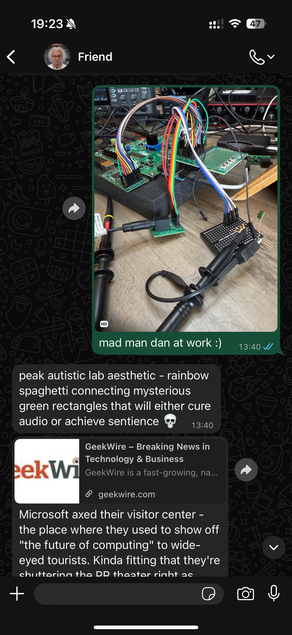 Friend comments on a lab photo and shares news