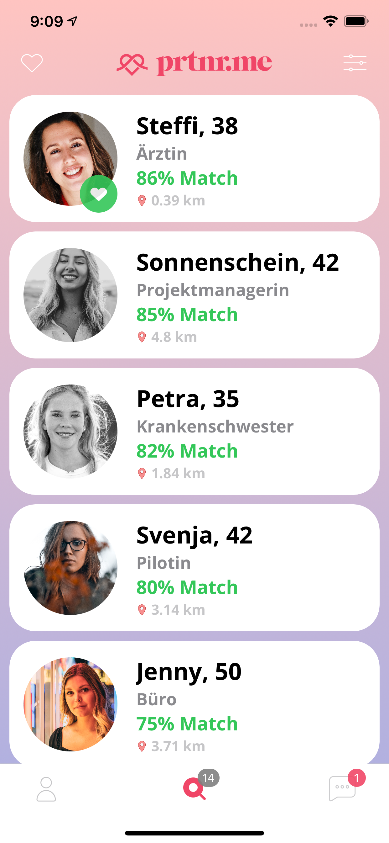Match list with compatibility percentages