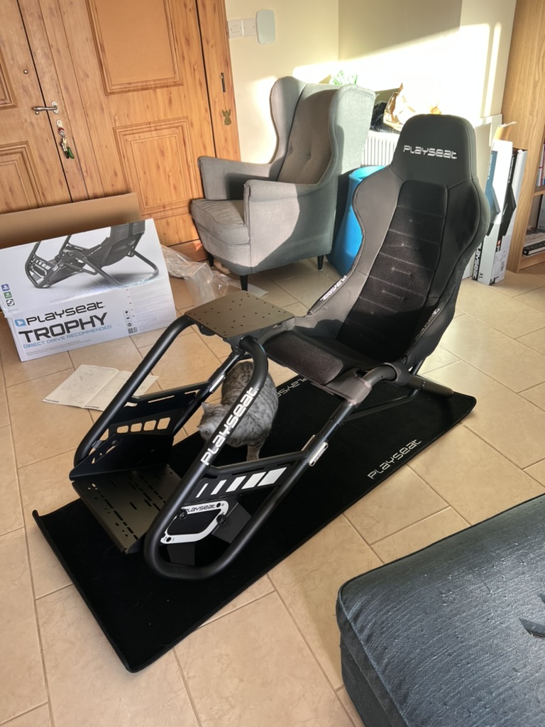 Playseat Trophy assembled with cat inspecting