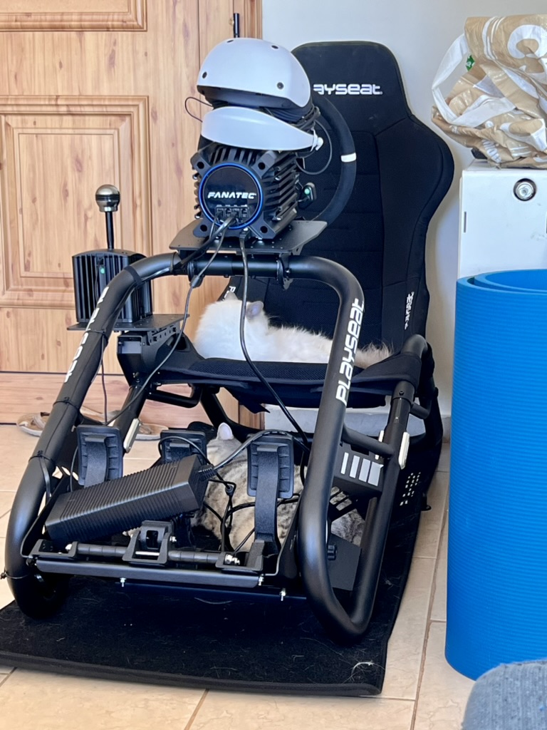 PSVR2 on rig, cats claiming the seat